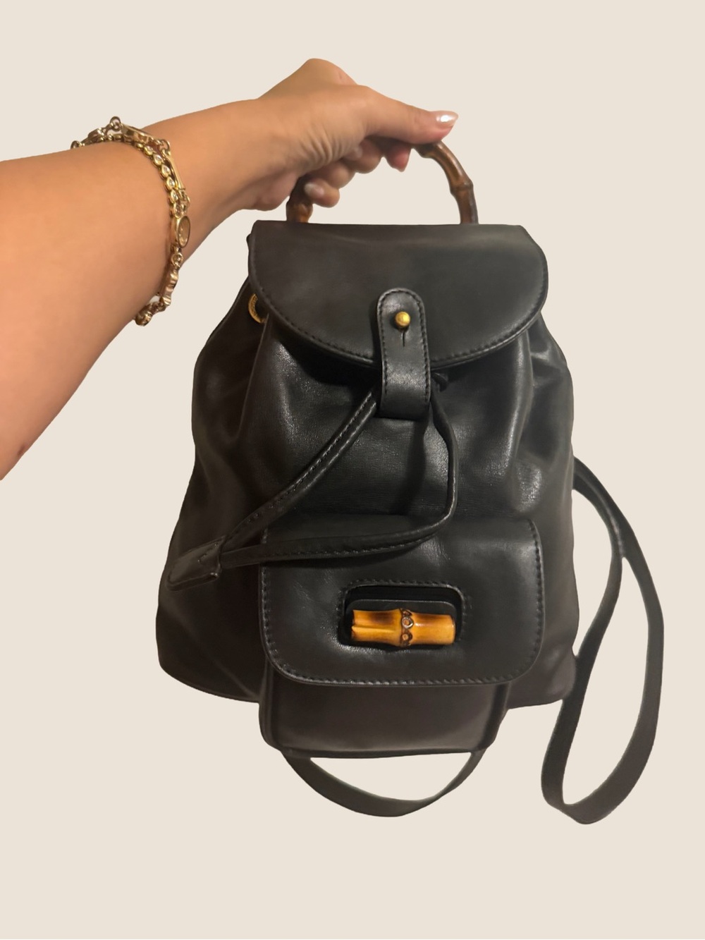 Gucci Black Leather Backpack with Bamboo Handle